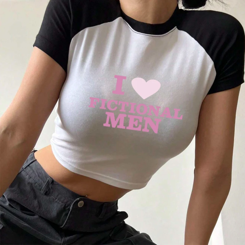 I Love Fictional Men Ince Parti Kadın T-Shirt Estetik Streetwear Grafik Y 2k Kırpma üstleri Kısa Kollu Sevimli Bebek Tee - Image 3