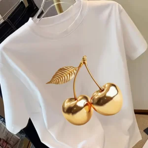 Women'S Golden Cherry Print Short Sleeve Stylish Round Neck Perfect for Spring Outfits Cherry Themed Items Aesthetic Clothes