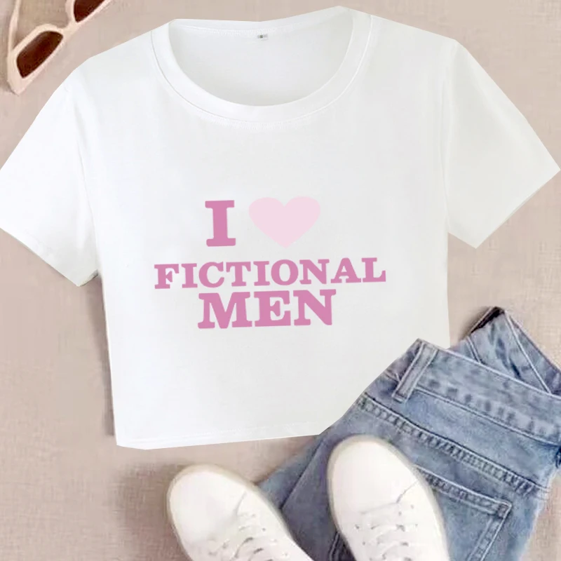 I Love Fictional Men Ince Parti Kadın T-Shirt Estetik Streetwear Grafik Y 2k Kırpma üstleri Kısa Kollu Sevimli Bebek Tee - Image 6